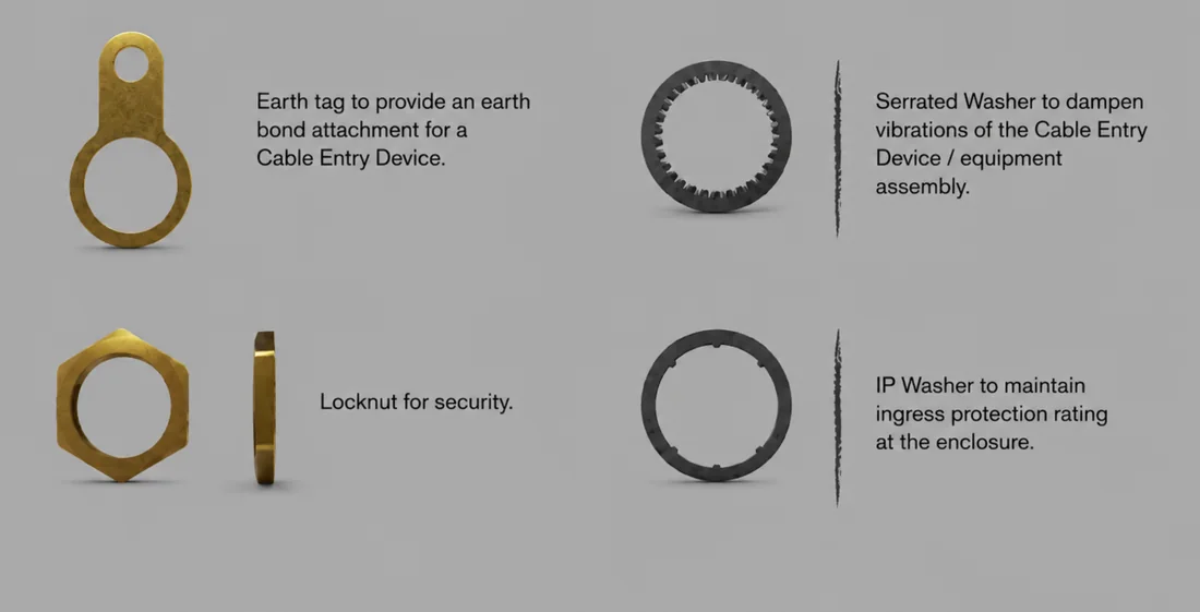 The four cable entry accessories: earth tag, serrated washer, locknut, IP washer