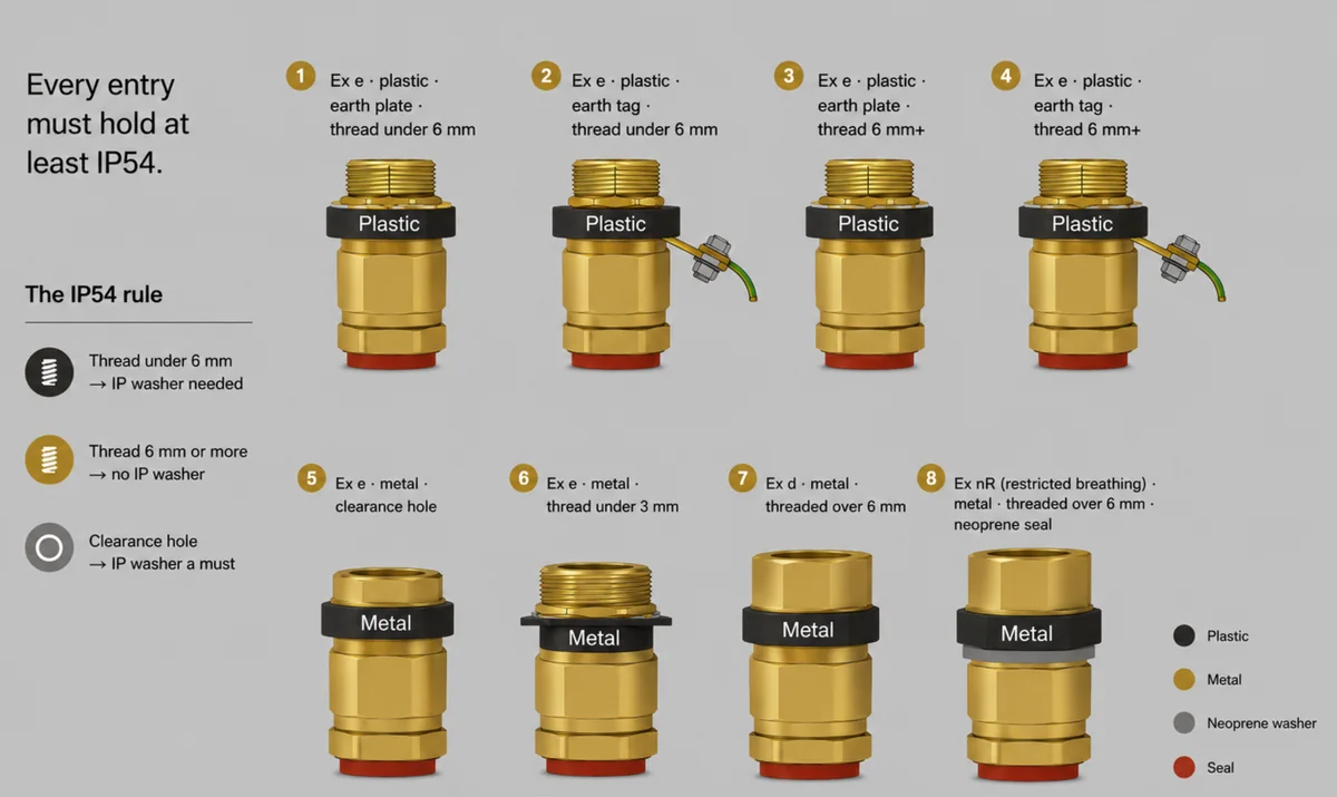Eight cable entry scenarios across plastic and metal enclosures with the IP54 rule