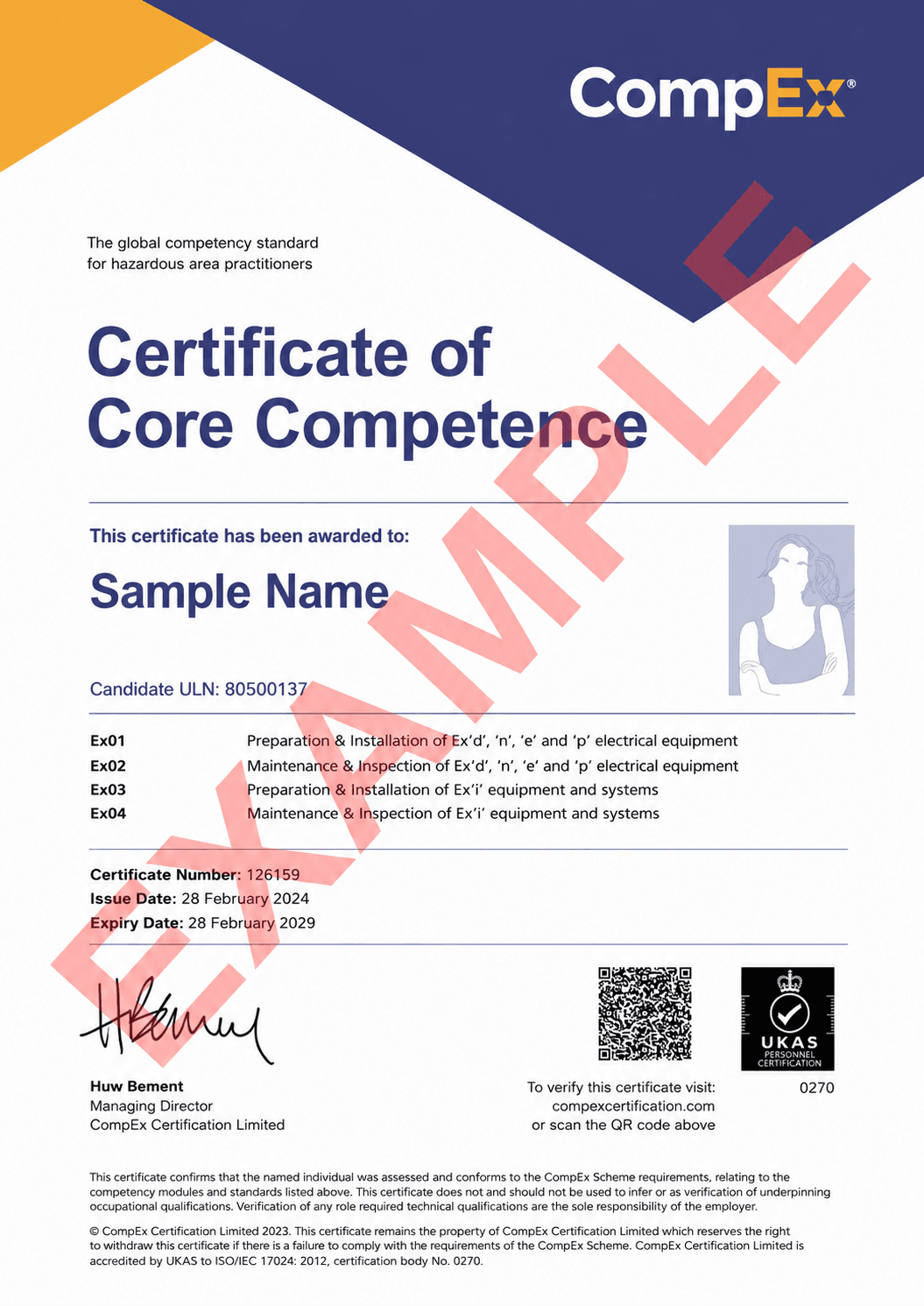 Example CompEx Certificate of Core Competence
