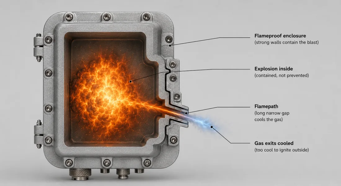 Cutaway of a flameproof Ex d enclosure: explosion contained inside, hot gas escaping through the flamepath and cooling as it exits
