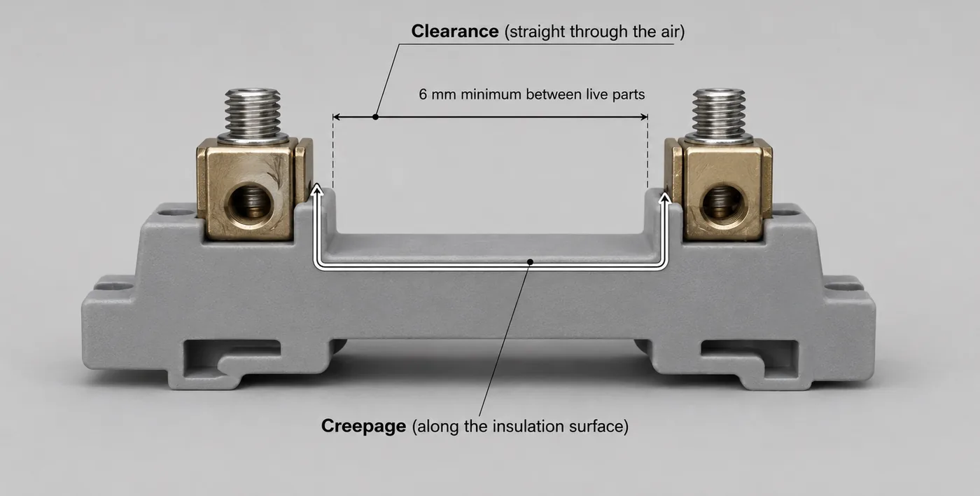 Two live terminals on an insulation block: clearance is the straight path through air, creepage the longer path along the surface, 6 mm minimum