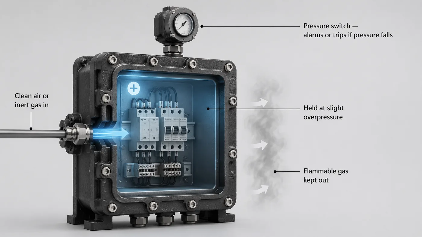 Cutaway of an Ex p pressurised enclosure: clean air or inert gas fed in, held at slight overpressure, pressure switch on top, flammable gas kept out