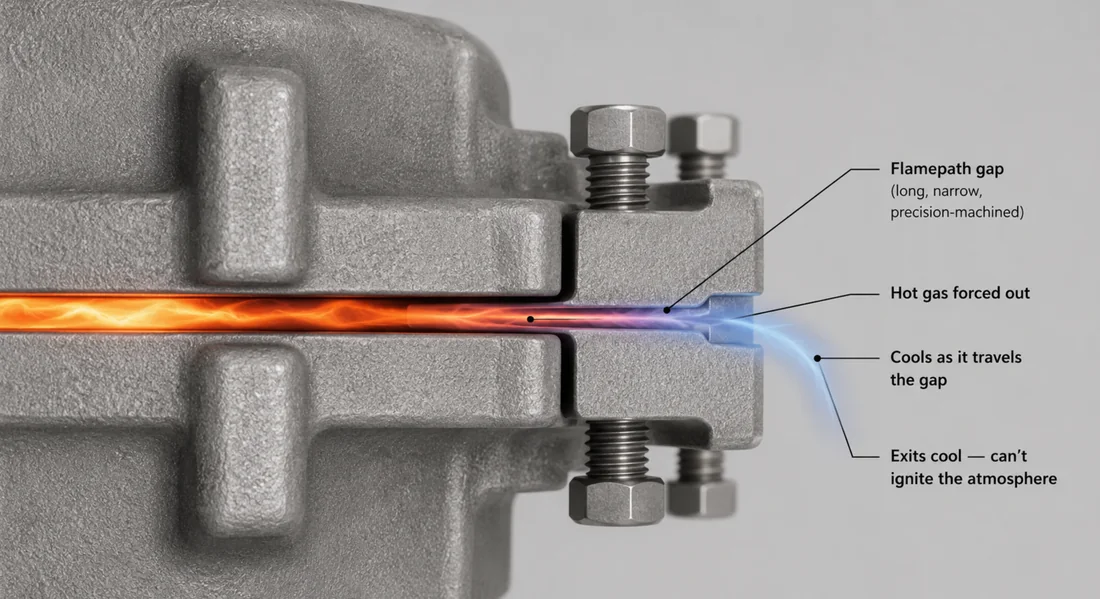 Close-up of a flameproof flange joint: hot gas forced out through the narrow flamepath gap, cooling from orange to blue as it exits