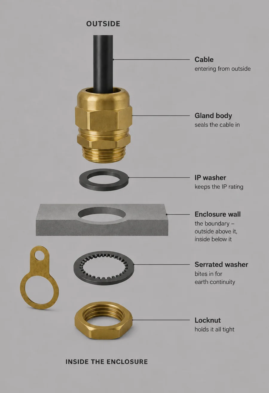 Exploded cable gland assembly from outside (top) to inside the enclosure (bottom): cable, gland body, IP washer, enclosure wall, serrated washer with earth tag, locknut