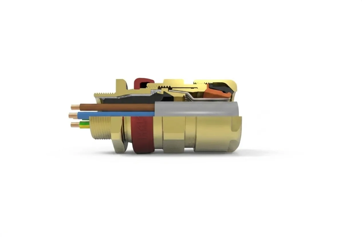 Hawke cable gland cut away, showing the seal on the cable sheath, the armour clamp and the barrier