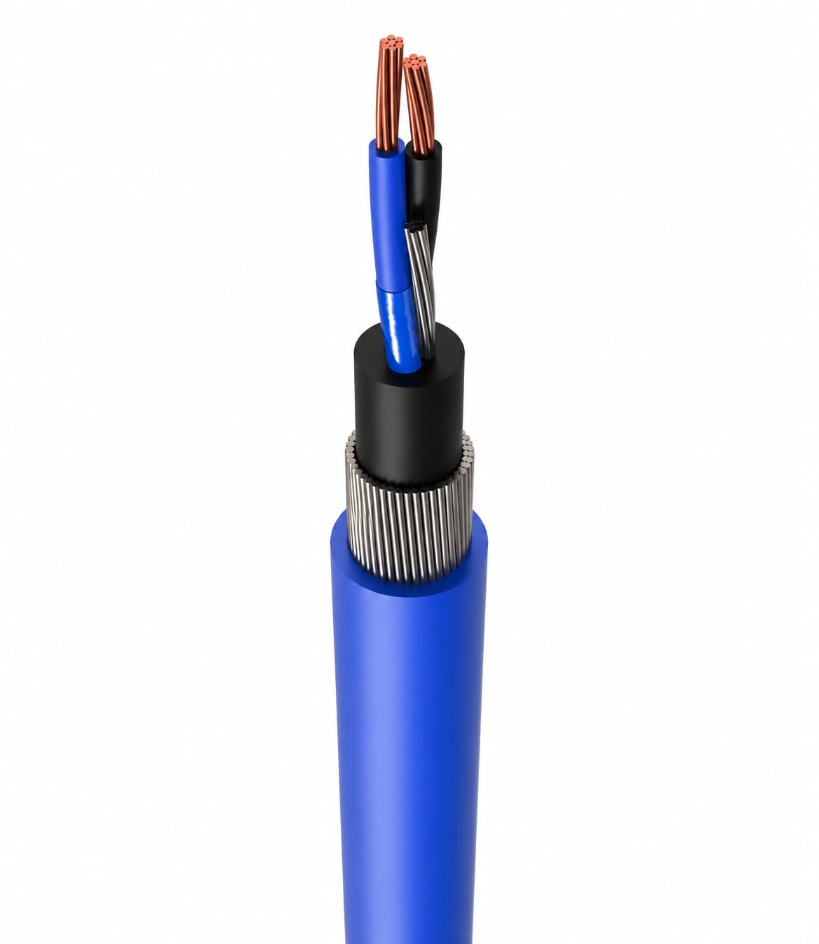 Steel wire armoured intrinsically safe cable stripped back to its layers